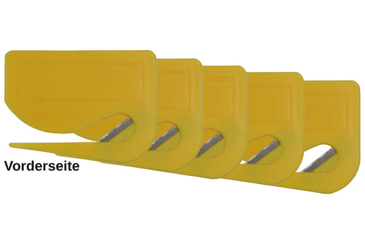 5 Stück Brieföffner mit integrierter Klinge aus Kunststoff und Werbefeld gelb 70x55x3 mm