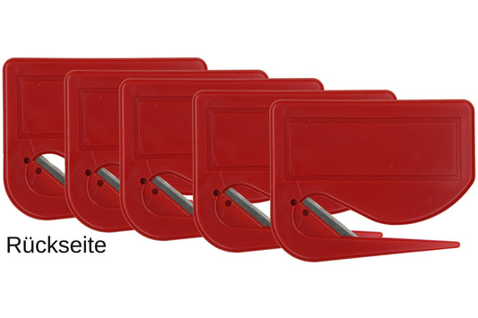 5 Stück Brieföffner mit integrierter Klinge aus Kunststoff und Werbefeld rot 70x55x3 mm