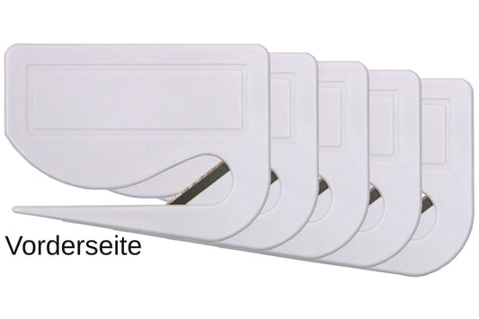 5 Stück Brieföffner mit integrierter Klinge aus Kunststoff und Werbefeld weiß 70x55x3 mm