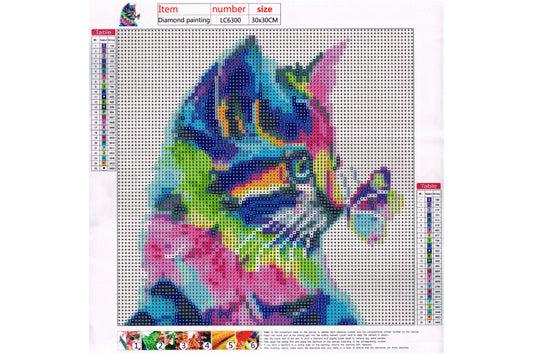 Bunter Katzenkopf mit Schmetterling Diamond Painting 25 Farben 300 x 300 mm LC6300