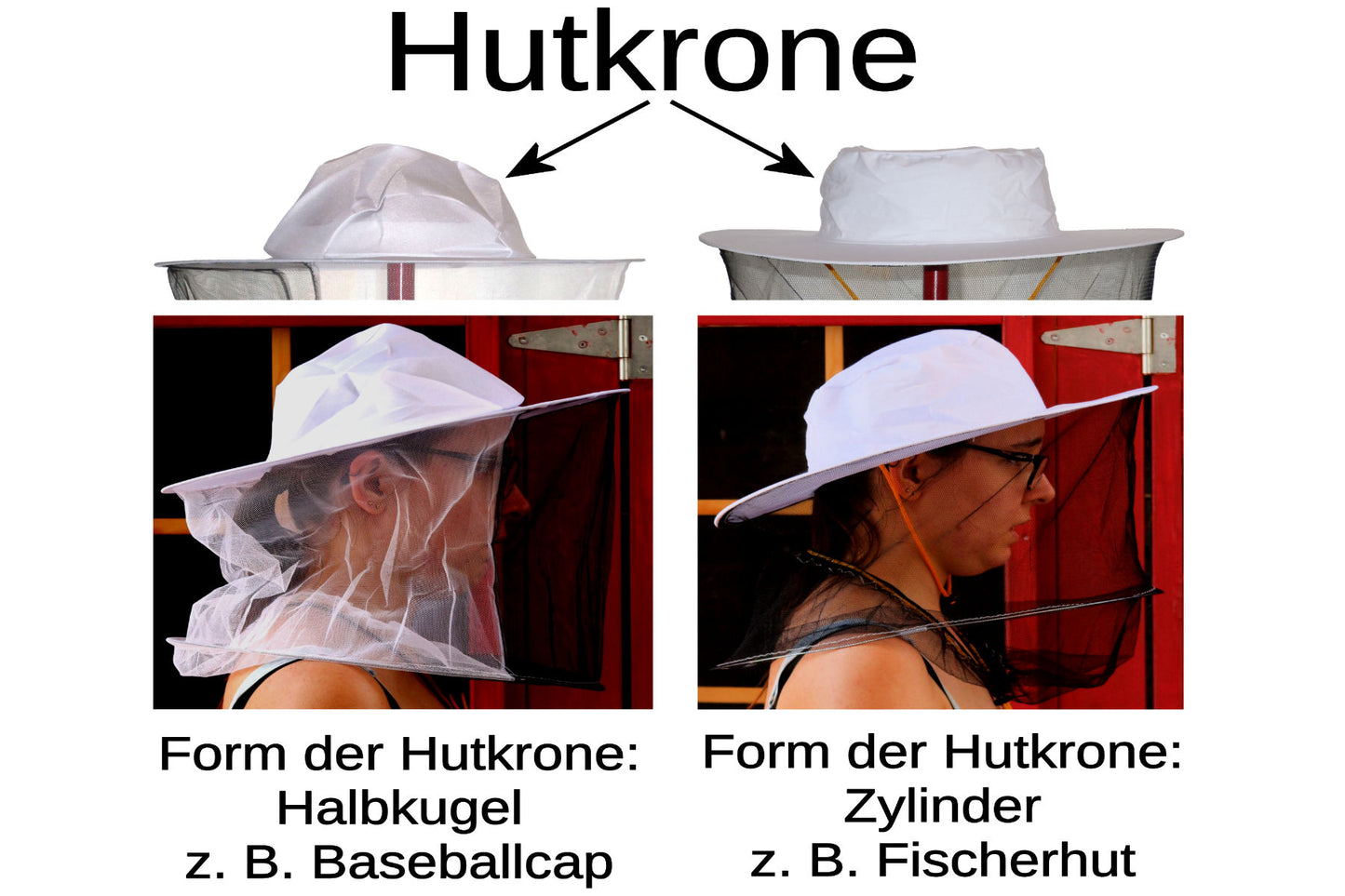 Imkerhut weiß mit Schleier schwarz und Kordelzug gelb - Hutform Basecap