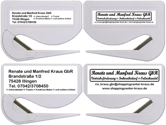10 Stück Brieföffner mit integrierter Klinge aus Kunststoff und Werbefeld weiß 70x55x3 mm (Kopie)