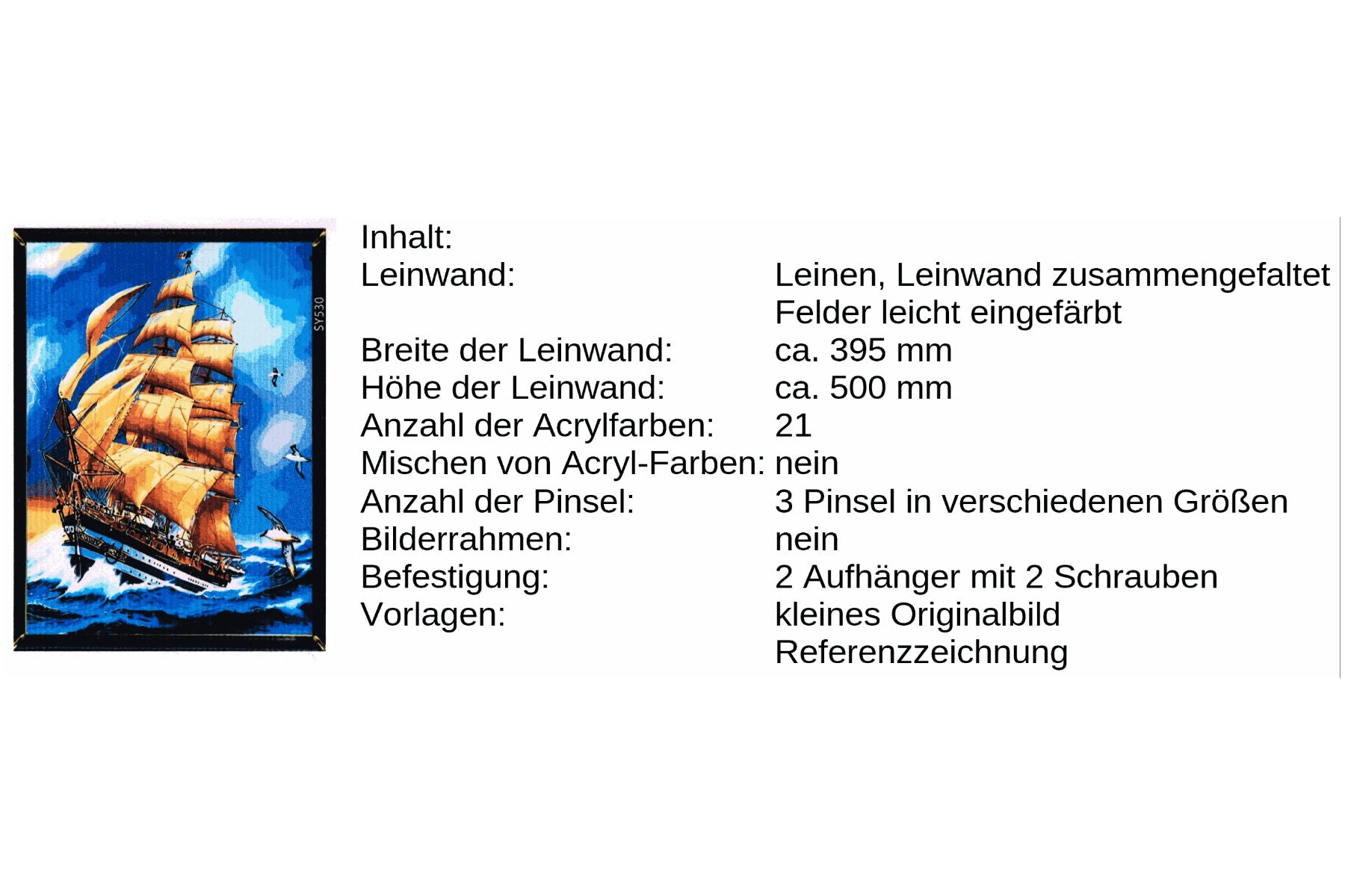 Segelschiff in voller Fahrt Malen nach Zahlen 21 Farben 3 Pinsel 40 x 50 cm