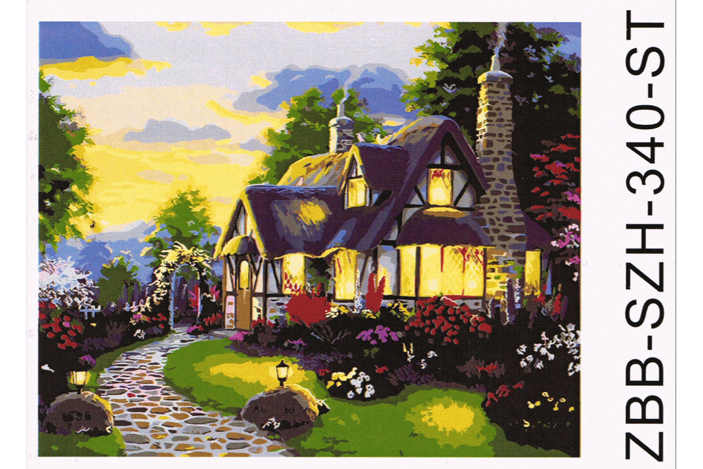 Landhaus in der Dämmerung Malen nach Zahlen 24 Farben 3 Pinsel 40 x 50 cm
