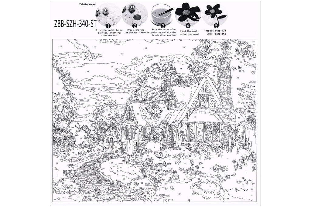 Landhaus in der Dämmerung Malen nach Zahlen 24 Farben 3 Pinsel 40 x 50 cm