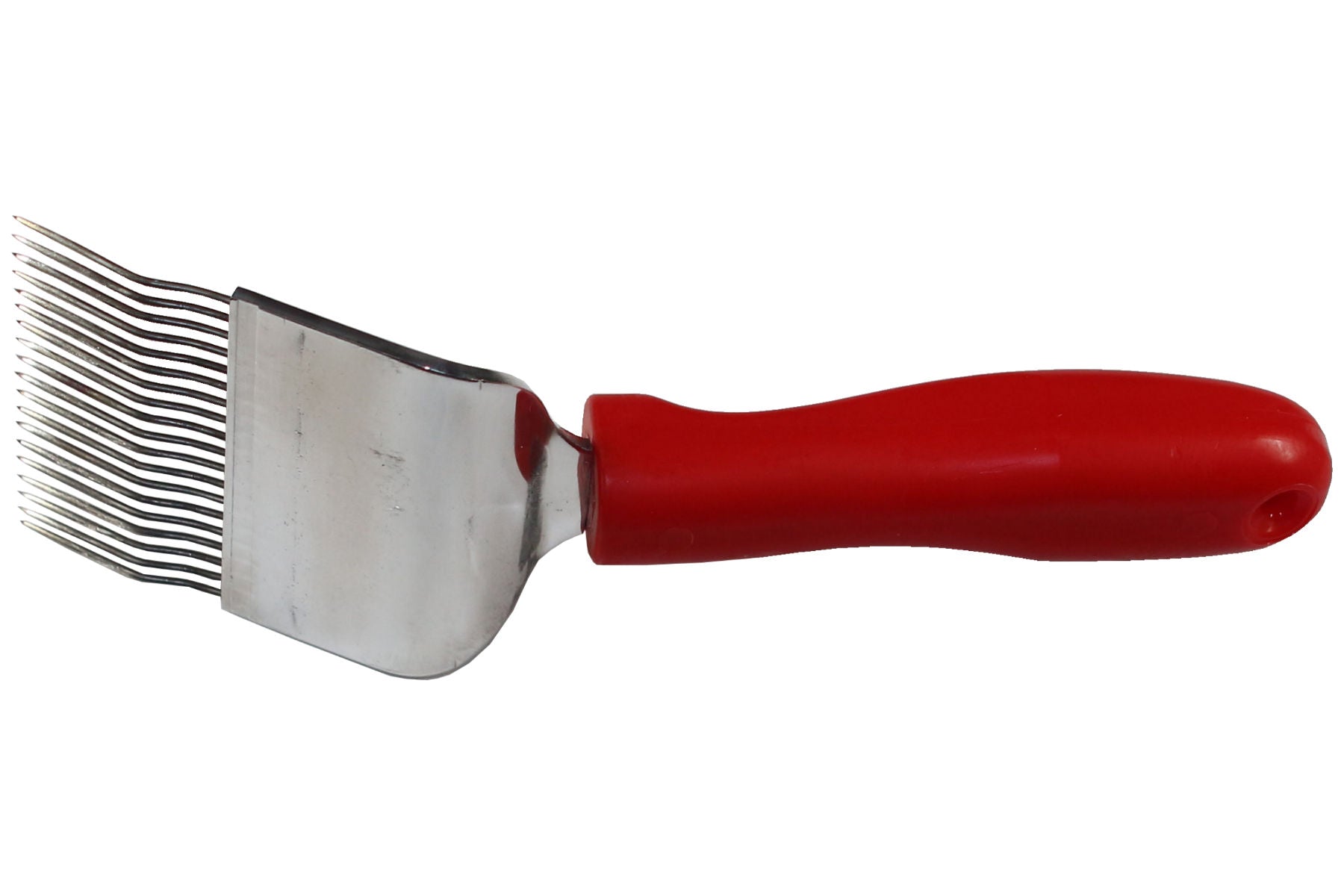 Entdeckelungsgabel mit rotem Kunststoffgriff und 19 Nadeln aus Edelstahl