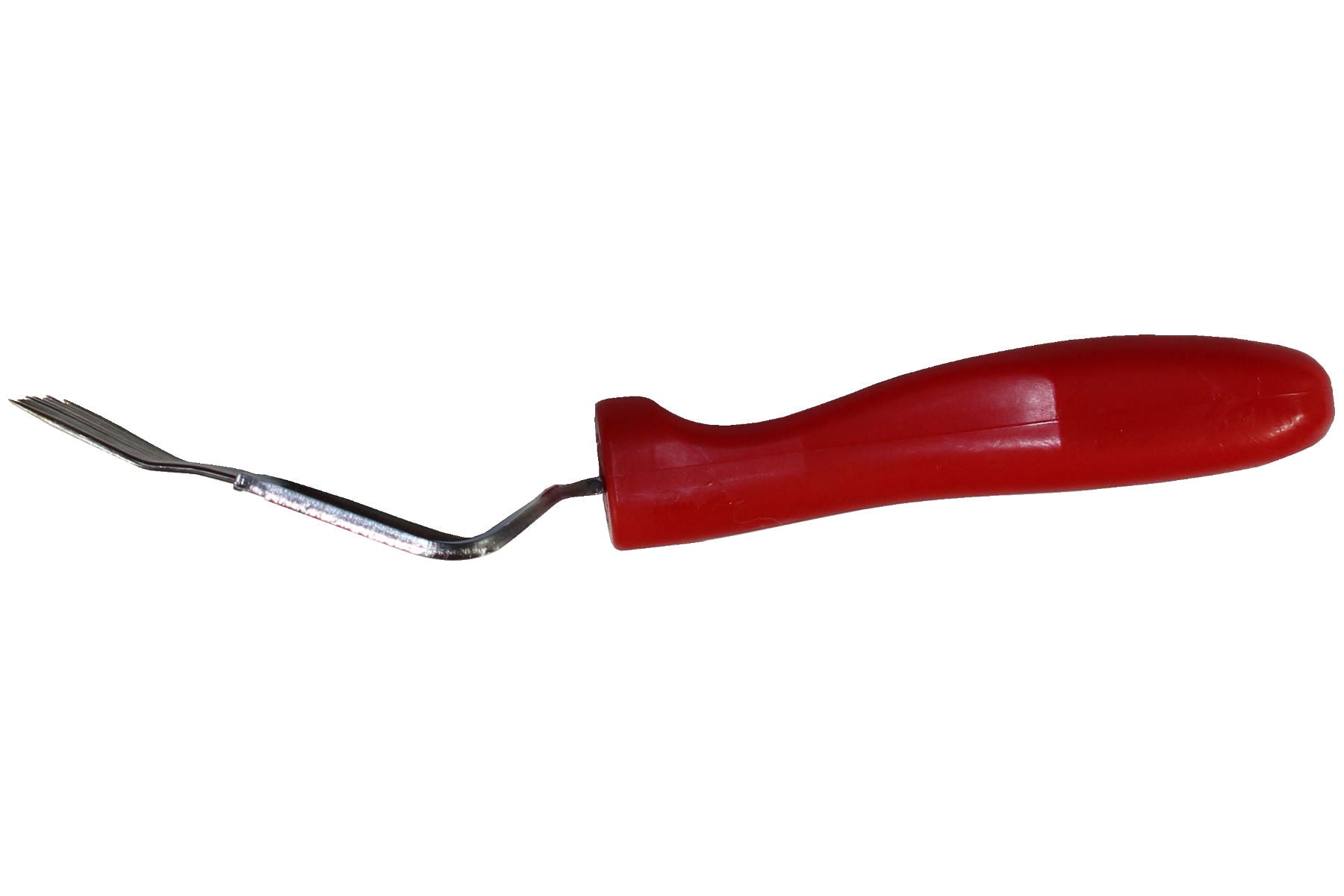 Entdeckelungsgabel mit rotem Kunststoffgriff und 19 Nadeln aus Edelstahl