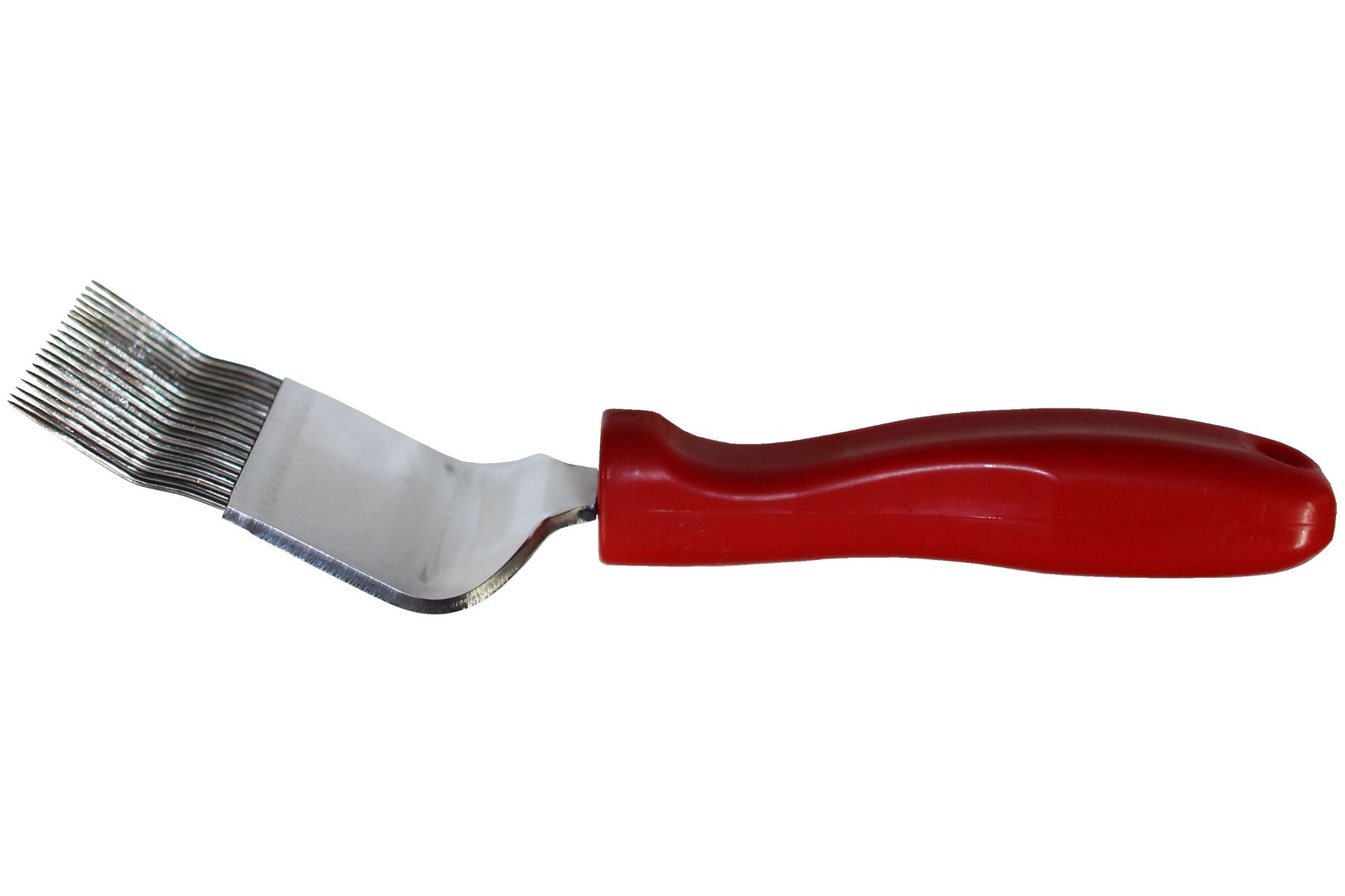 Entdeckelungsgabel mit rotem Kunststoffgriff und 19 Nadeln aus Edelstahl