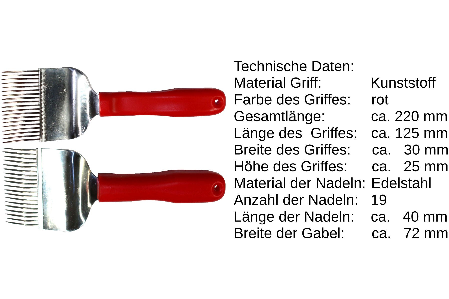 Entdeckelungsgabel mit rotem Kunststoffgriff und 19 Nadeln aus Edelstahl