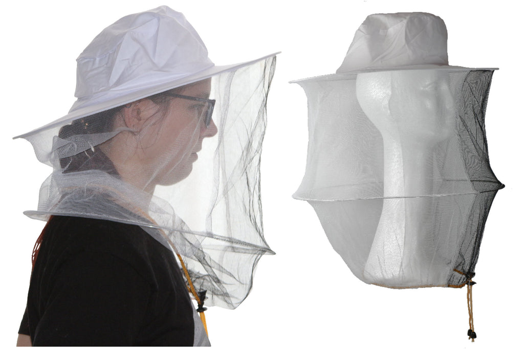 Imkerhut weiß mit Schleier schwarz/weiß und Kordelzug gelb V2 - Hutform Fischerhut