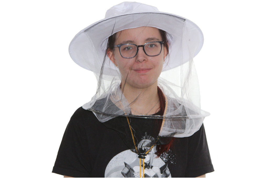 Imkerhut weiß mit Schleier schwarz/weiß und Kordelzug gelb V2 - Hutform Fischerhut