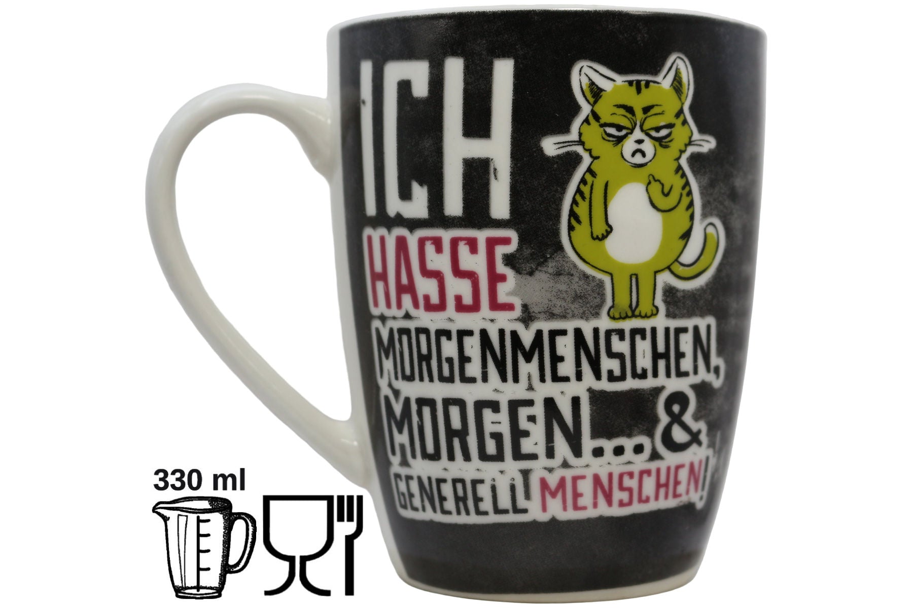 Jumbo Tasse XL 330 ml schwarz mit blauer Katze "ICH MÖCHTE EINMAL OHNE IDIOTEN ARBEITEN!"