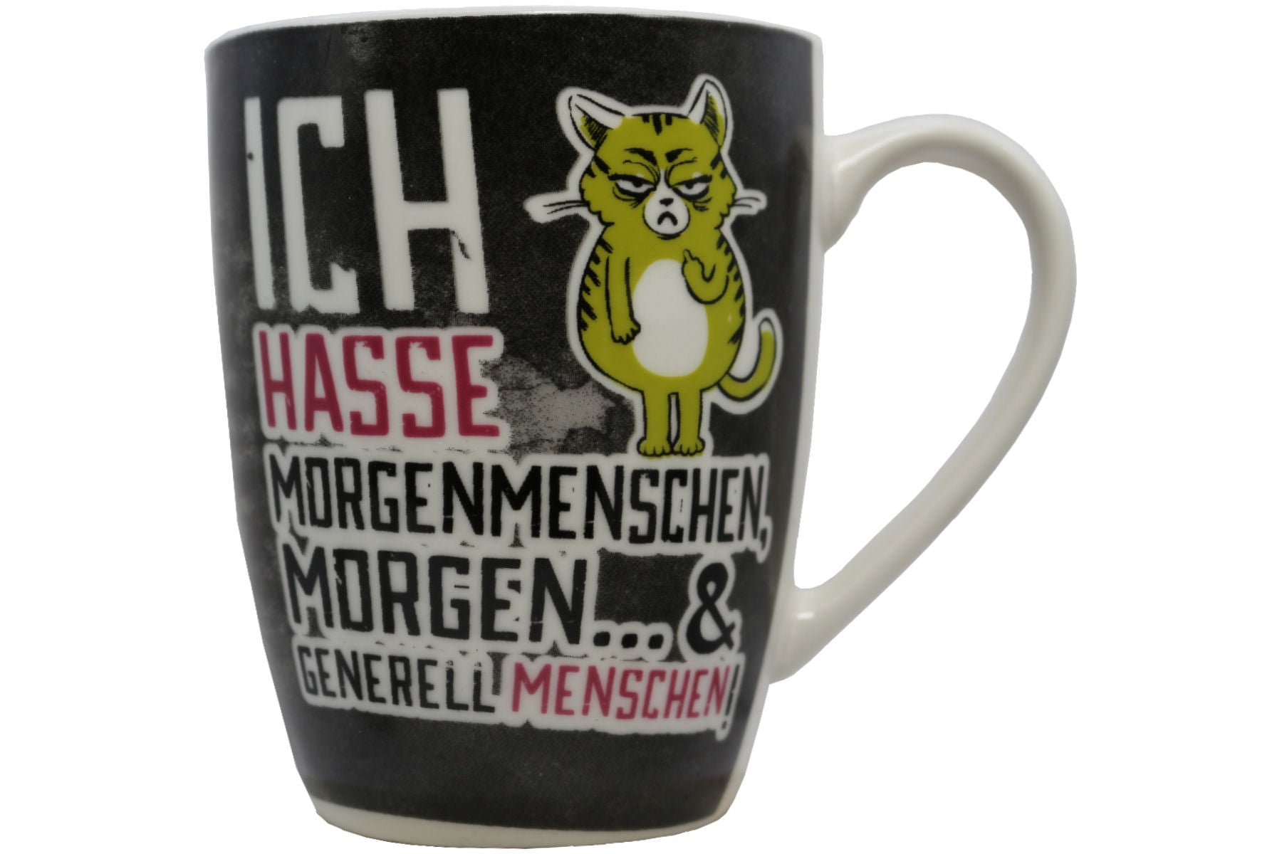 Jumbo Tasse XL 330 ml schwarz mit blauer Katze "ICH MÖCHTE EINMAL OHNE IDIOTEN ARBEITEN!"