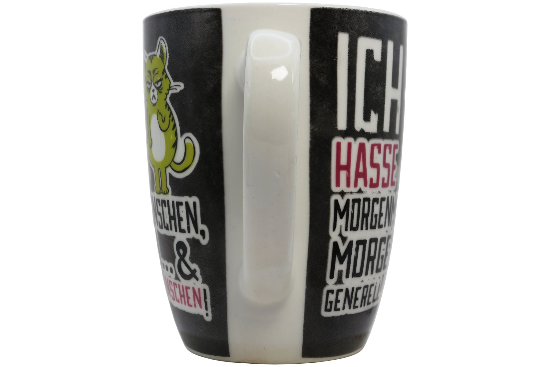 Jumbo Tasse XL 330 ml schwarz mit grüner Katze "Ich hasse Morgenmenschen..."