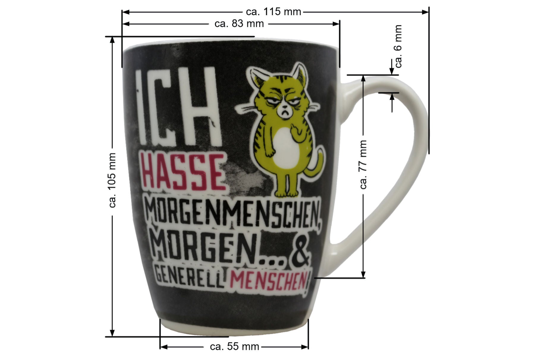 Jumbo Tasse XL 330 ml schwarz mit grüner Katze "Ich hasse Morgenmenschen..."