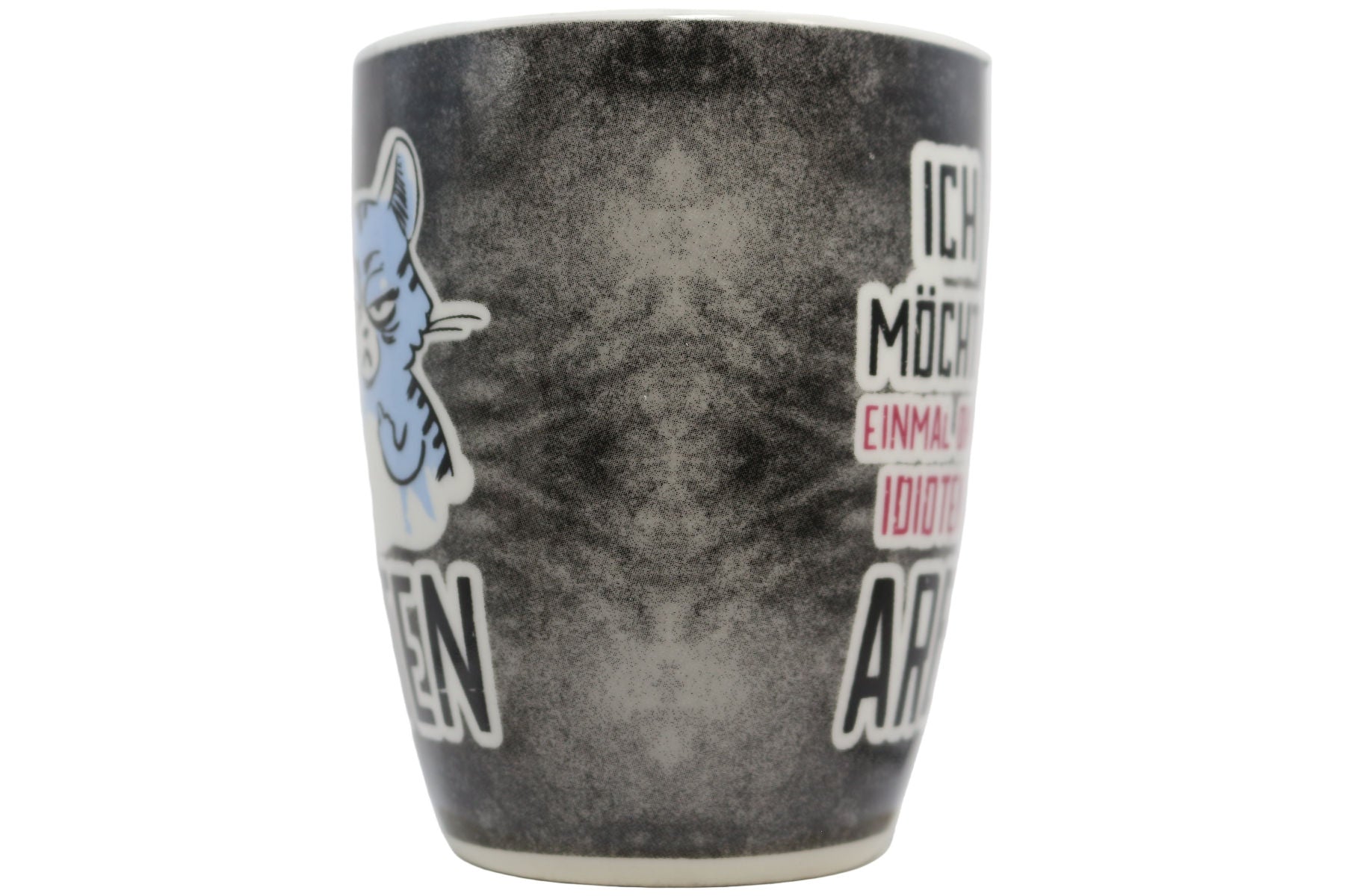 Jumbo Tasse XL 330 ml schwarz mit blauer Katze "ICH MÖCHTE EINMAL OHNE IDIOTEN ARBEITEN!"