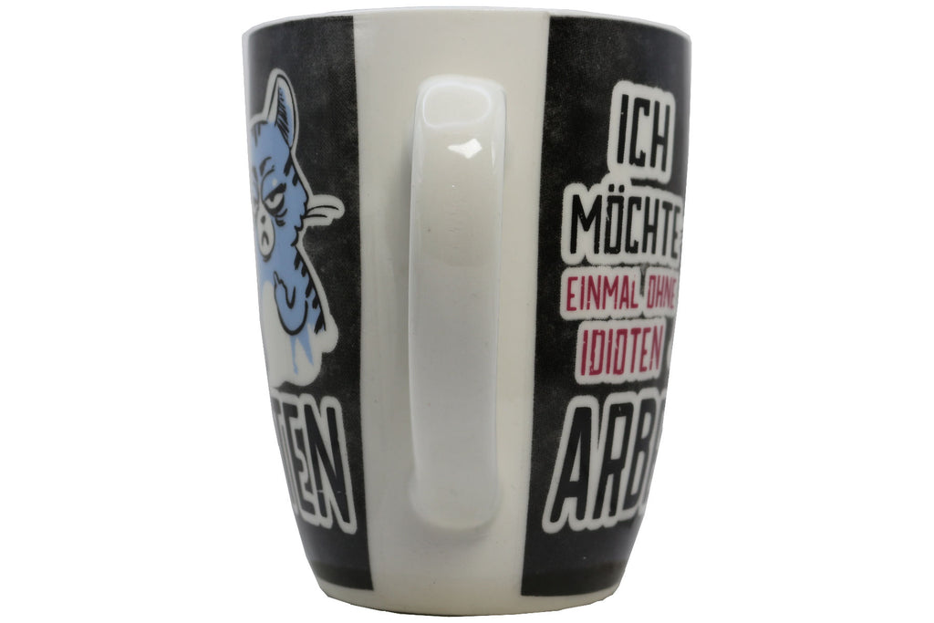 Jumbo Tasse XL 330 ml schwarz mit blauer Katze "ICH MÖCHTE EINMAL OHNE IDIOTEN ARBEITEN!"
