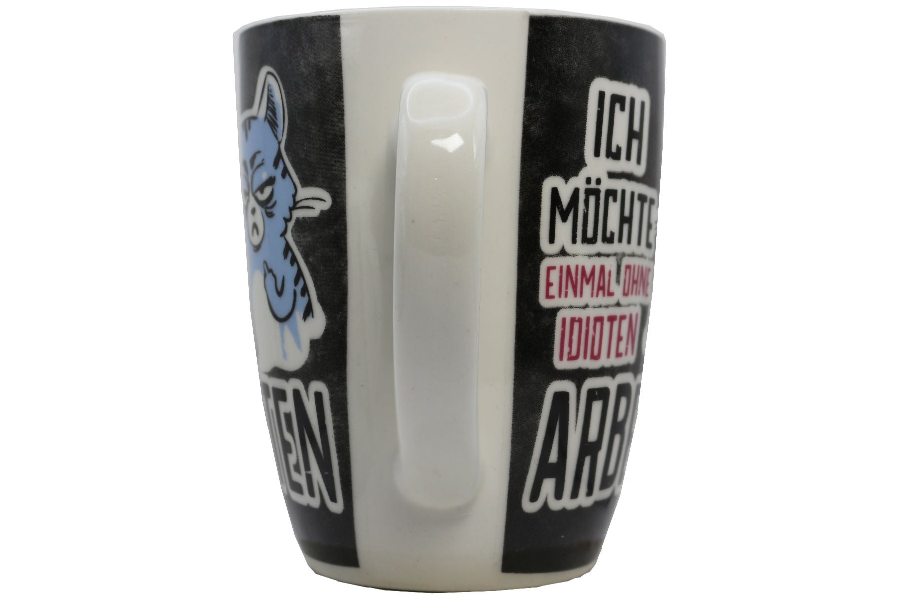 Jumbo Tasse XL 330 ml schwarz mit blauer Katze "ICH MÖCHTE EINMAL OHNE IDIOTEN ARBEITEN!"