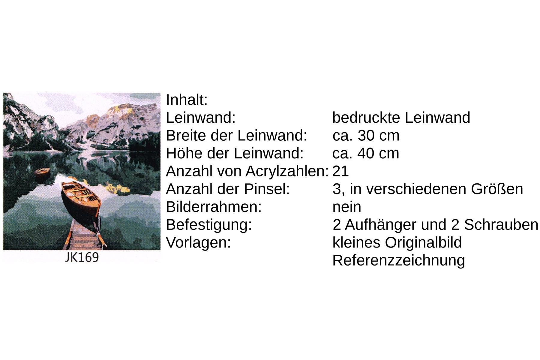Bergsee mit Boot im Gebirge Malen nach Zahlen 22 Acrylfarben 30x40 cm JK169