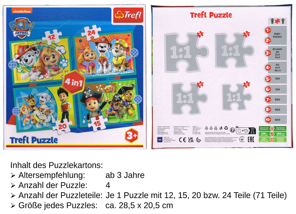 PAW Patrol Puzzle 4 in 1 mit 12, 15, 20 und 24 Teile ab 3 Jahre 285x205 mm Trefl 34346