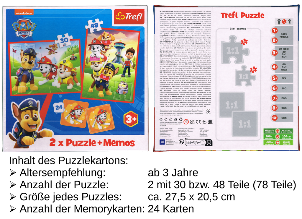 PAW Patrol Puzzle 30 + 48 Teile und Memory 2 x 12 Karten ab 3 Jahre Trefl 93337