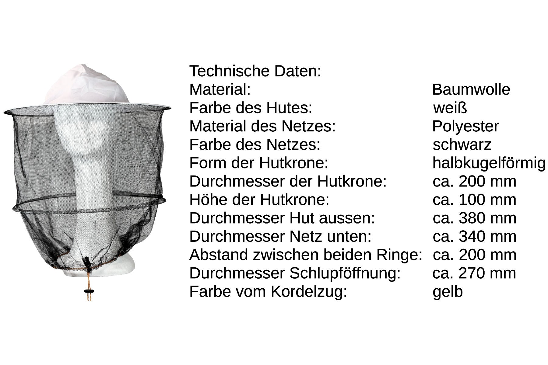 Imkerhut weiß mit Schleier schwarz und Kordelzug gelb - Hutform Basecap