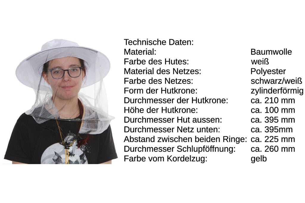 Imkerhut weiß mit Schleier schwarz/weiß und Kordelzug gelb V2 - Hutform Fischerhut