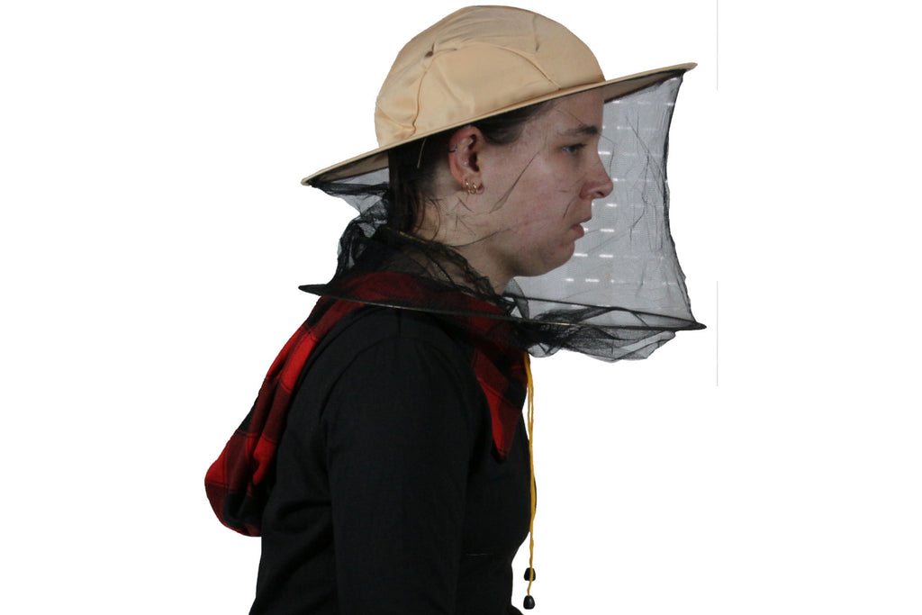 Imkerhut hellbeige mit Schleier schwarz und Kordelzug gelb