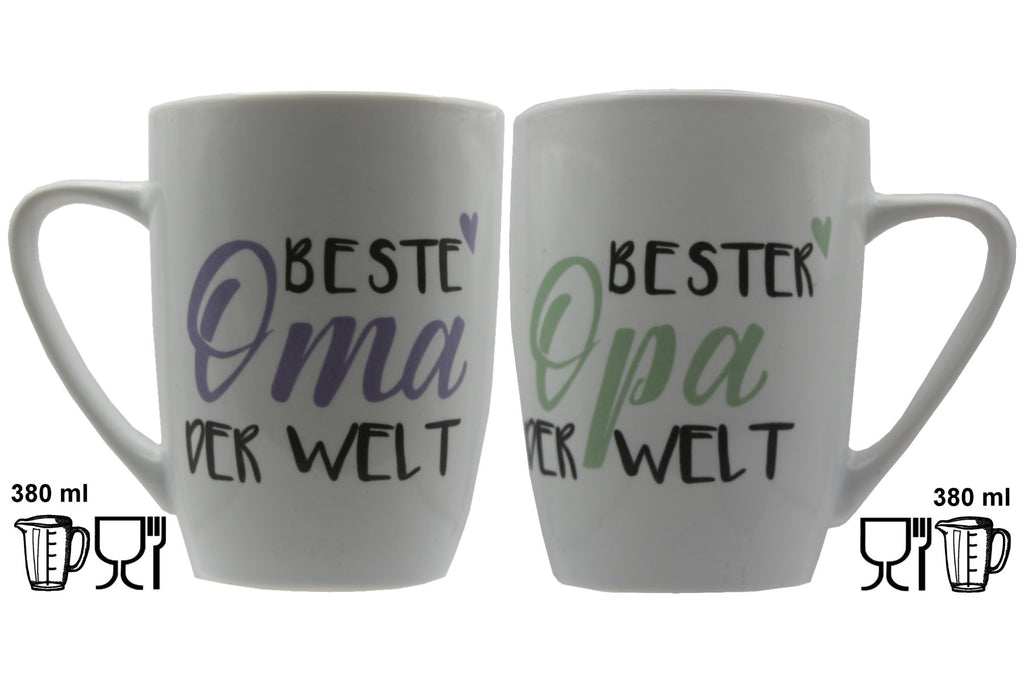 Jumbo Tasse XXL 380 ml 2er-Set mit Schriftzug "Beste Oma der Welt" bzw. "Bester Opa der Welt"