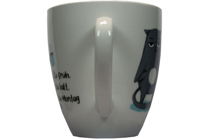 Jumbo Tasse XXL 880 ml stehende Katze mit Tasse und Schriftzug "zu früh .... zu kalt .... zu Montag!"