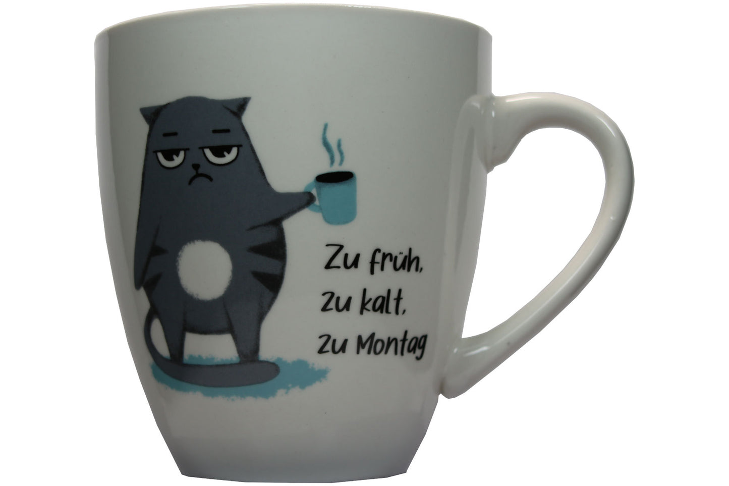 Jumbo Tasse XXL 880 ml stehende Katze mit Tasse und Schriftzug "zu früh .... zu kalt .... zu Montag!"