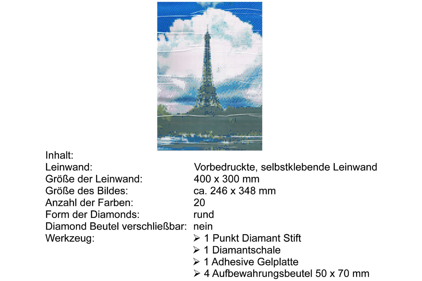 Eiffelturm vor Wolken mit Seine Diamond Painting 20 Farben 30x40 cm B9043