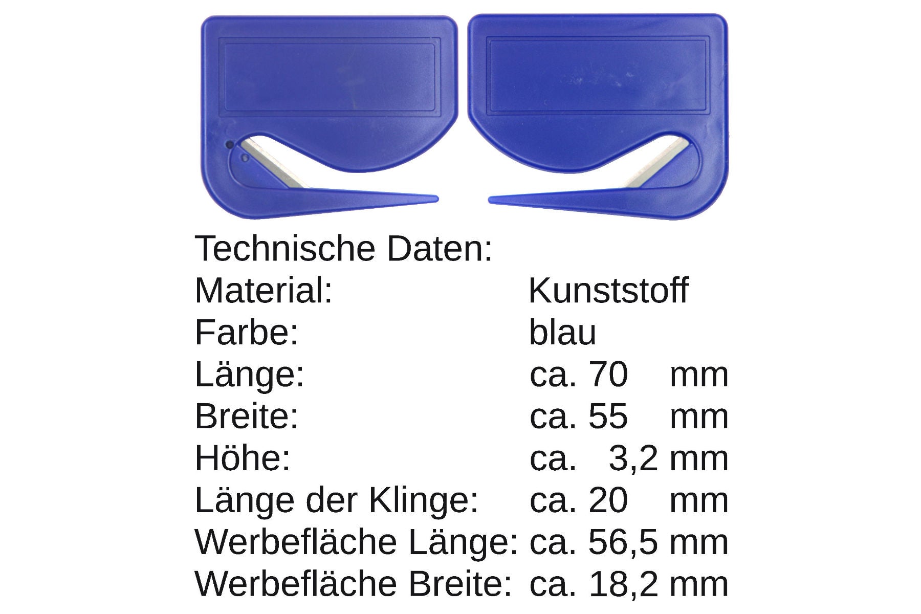 10 Stück Brieföffner mit integrierter Klinge aus Kunststoff und Werbefeld blau 70x55x3 mm