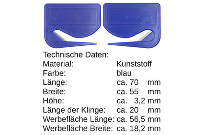 10 Stück Brieföffner mit integrierter Klinge aus Kunststoff und Werbefeld blau 70x55x3 mm