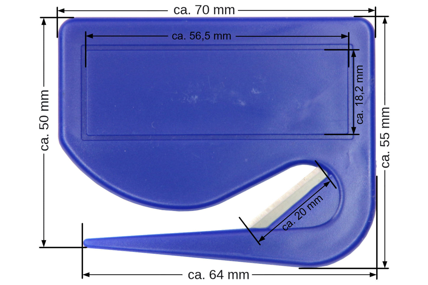 10 Stück Brieföffner mit integrierter Klinge aus Kunststoff und Werbefeld blau 70x55x3 mm