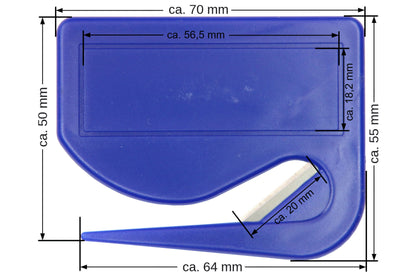 10 Stück Brieföffner mit integrierter Klinge aus Kunststoff und Werbefeld blau 70x55x3 mm