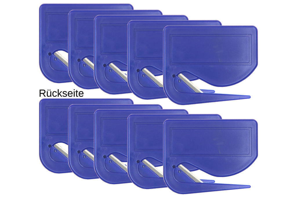 10 Stück Brieföffner mit integrierter Klinge aus Kunststoff und Werbefeld blau 70x55x3 mm