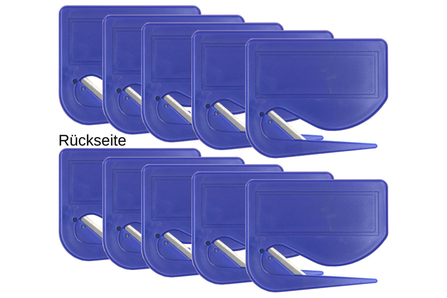 10 Stück Brieföffner mit integrierter Klinge aus Kunststoff und Werbefeld blau 70x55x3 mm