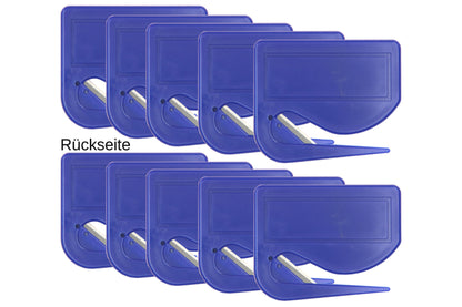 10 Stück Brieföffner mit integrierter Klinge aus Kunststoff und Werbefeld blau 70x55x3 mm