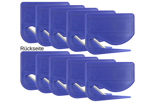 10 Stück Brieföffner mit integrierter Klinge aus Kunststoff und Werbefeld blau 70x55x3 mm