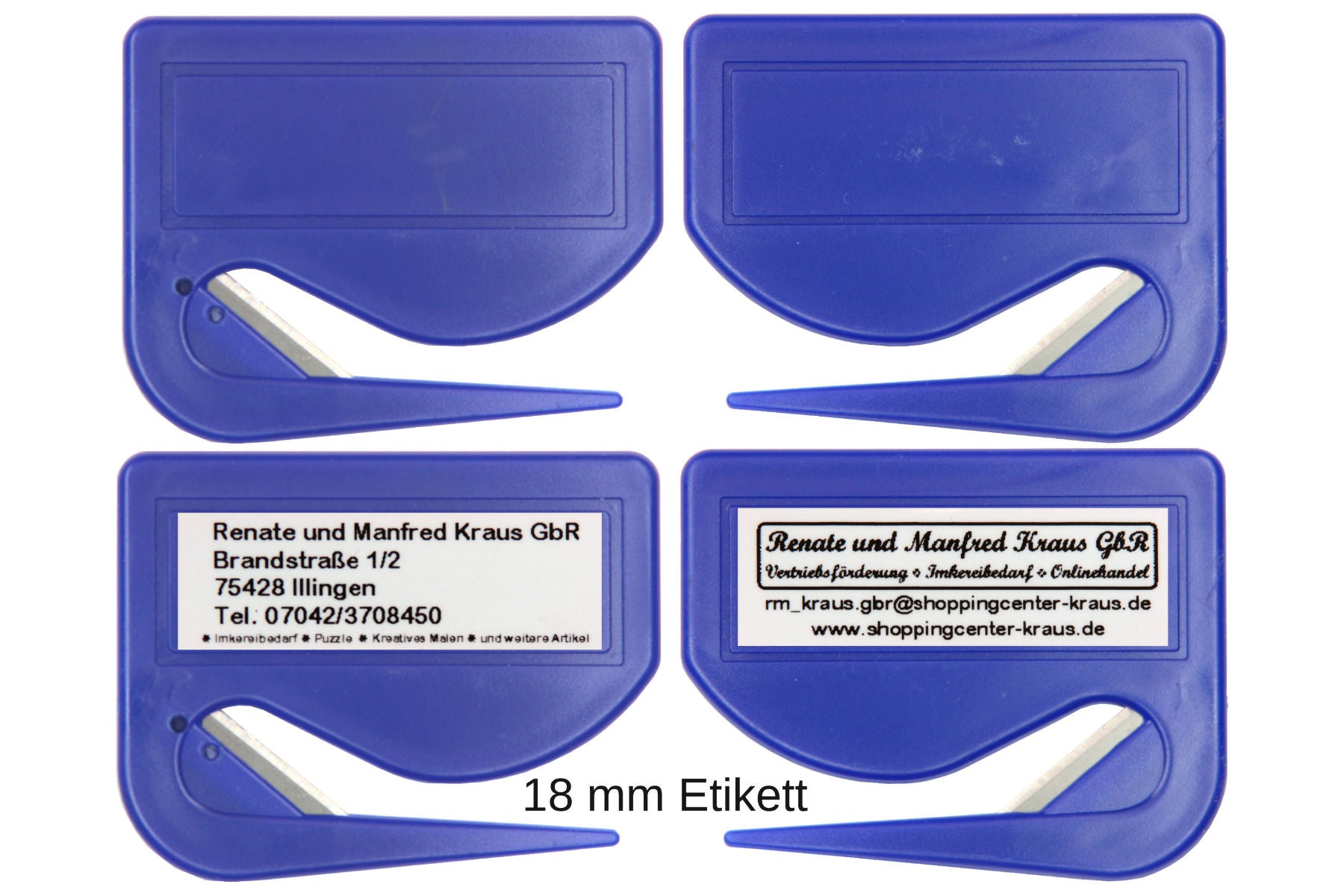 5 Stück Brieföffner mit integrierter Klinge aus Kunststoff und Werbefeld blau 70x55x3 mm