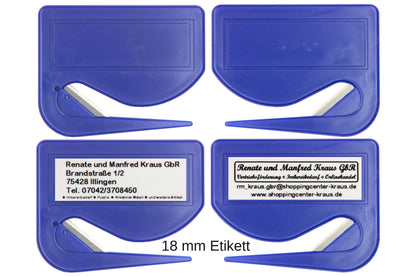 5 Stück Brieföffner mit integrierter Klinge aus Kunststoff und Werbefeld blau 70x55x3 mm