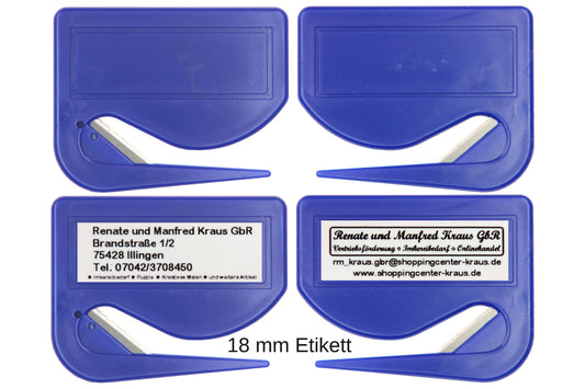 5 / 10 St. Brieföffner mit integrierter Klinge aus Kunststoff und Werbefeld blau 70x55x3 mm