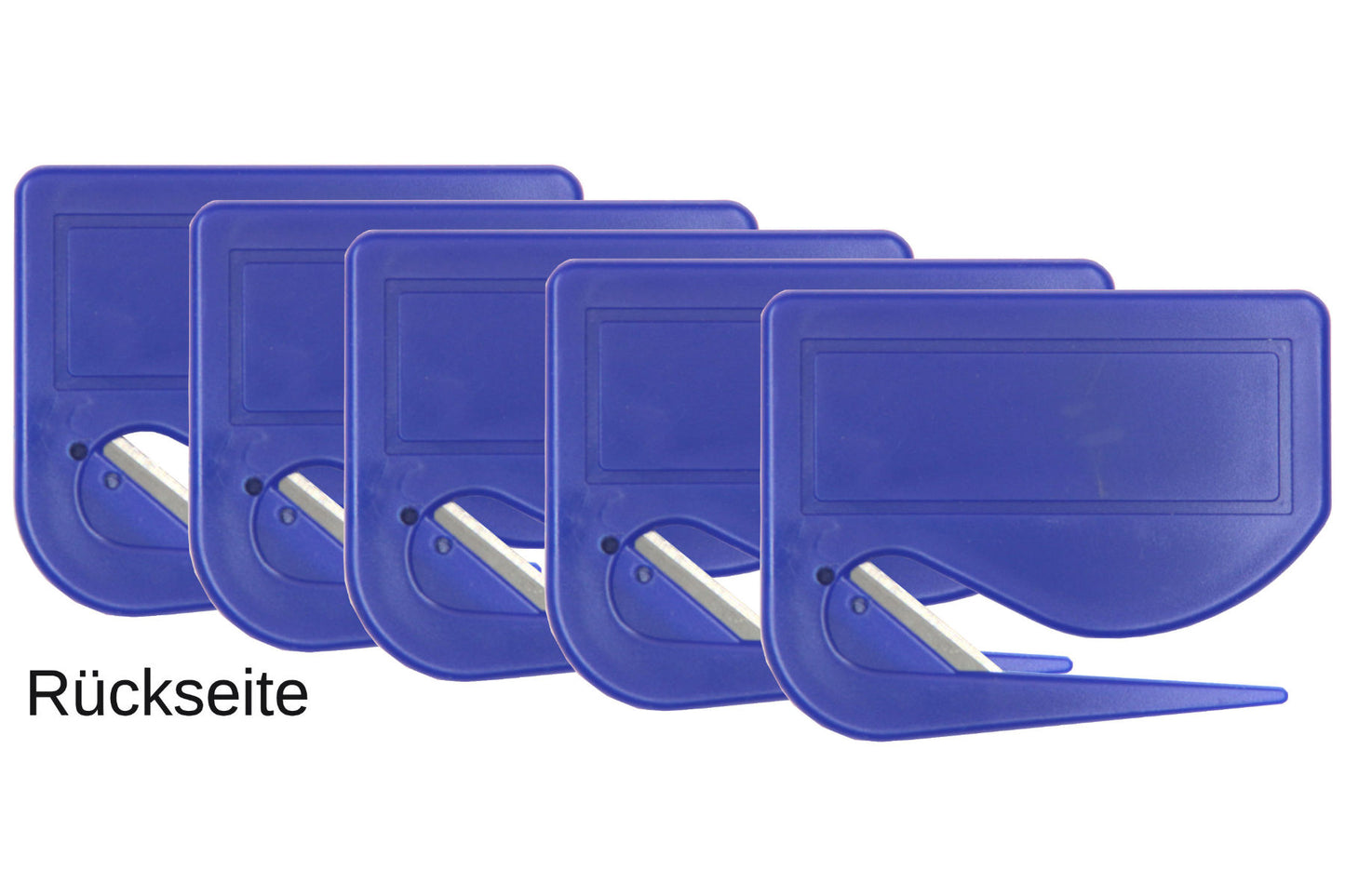 5 Stück Brieföffner mit integrierter Klinge aus Kunststoff und Werbefeld blau 70x55x3 mm