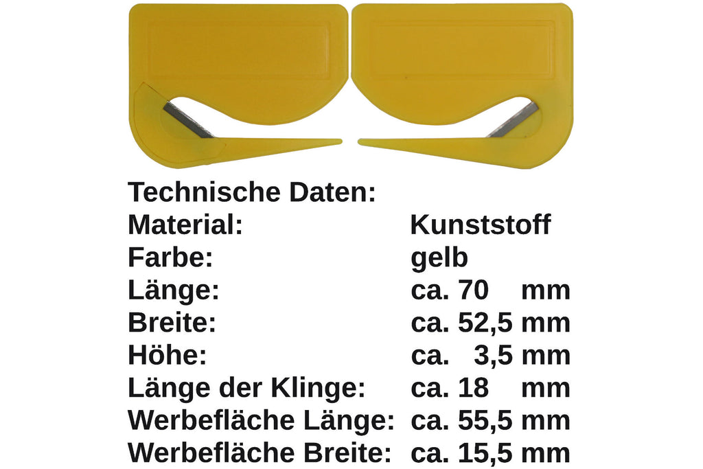 10 Stück Brieföffner mit integrierter Klinge aus Kunststoff und Werbefeld gelb 70x55x3 mm
