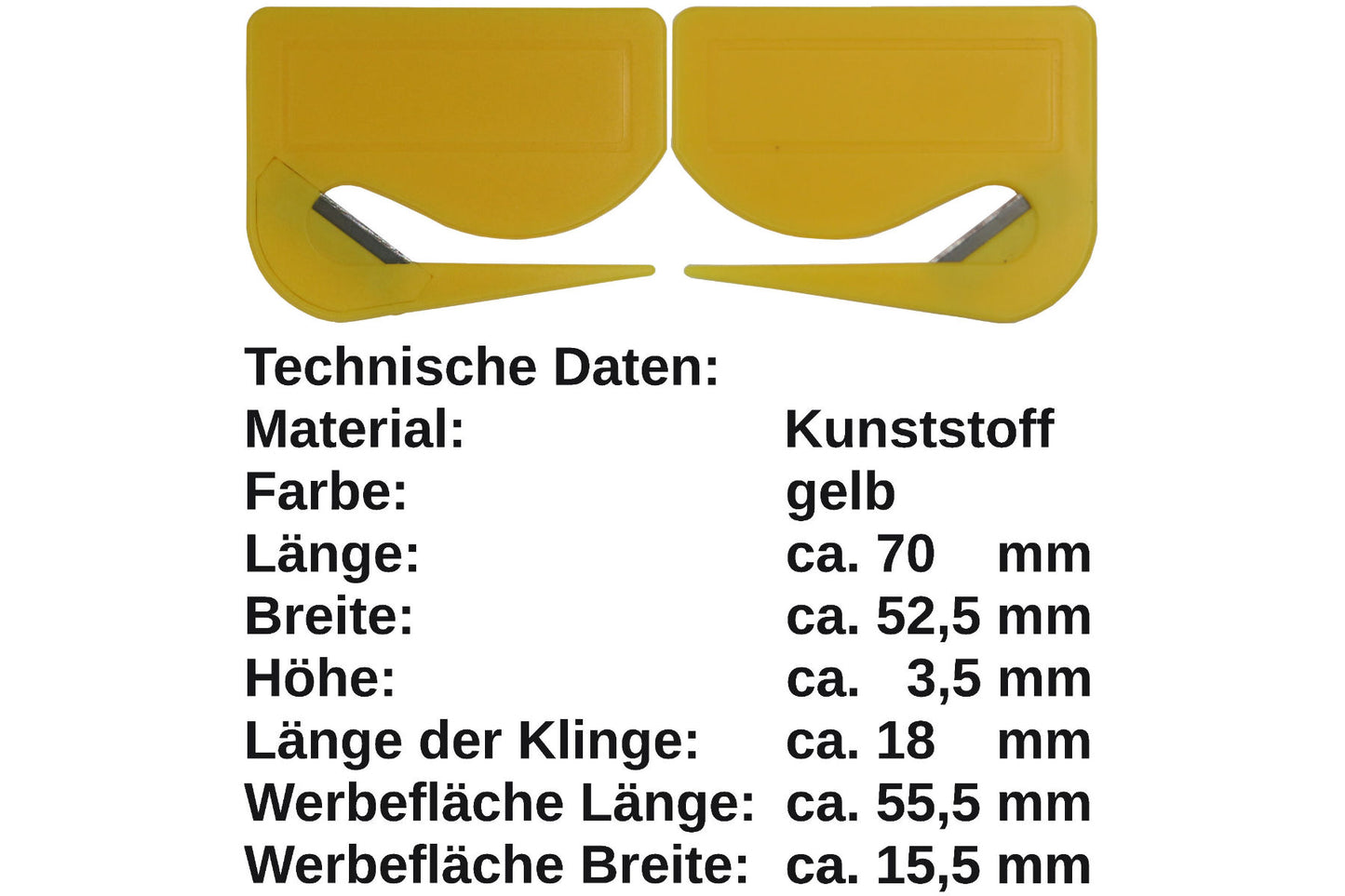 10 Stück Brieföffner mit integrierter Klinge aus Kunststoff und Werbefeld gelb 70x55x3 mm