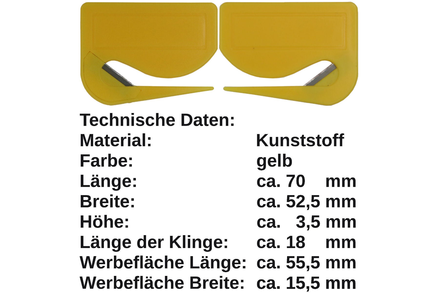 10 Stück Brieföffner mit integrierter Klinge aus Kunststoff und Werbefeld gelb 70x55x3 mm