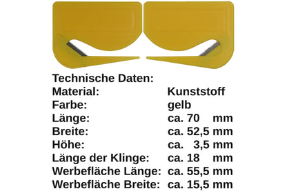 10 Stück Brieföffner mit integrierter Klinge aus Kunststoff und Werbefeld gelb 70x55x3 mm