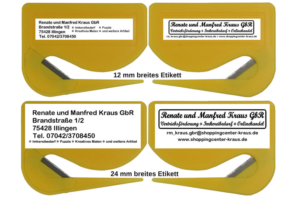 10 Stück Brieföffner mit integrierter Klinge aus Kunststoff und Werbefeld gelb 70x55x3 mm