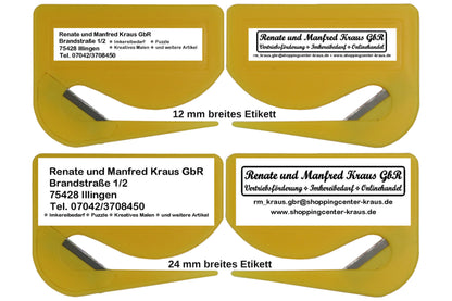 10 Stück Brieföffner mit integrierter Klinge aus Kunststoff und Werbefeld gelb 70x55x3 mm